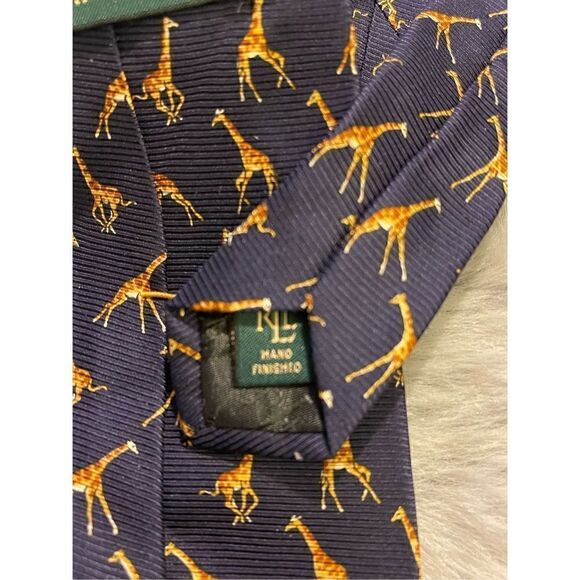 LAUREN Ralph Lauren Hand Finish Silk Tie Dark Blue with Giraffes - Picture 9 of 10